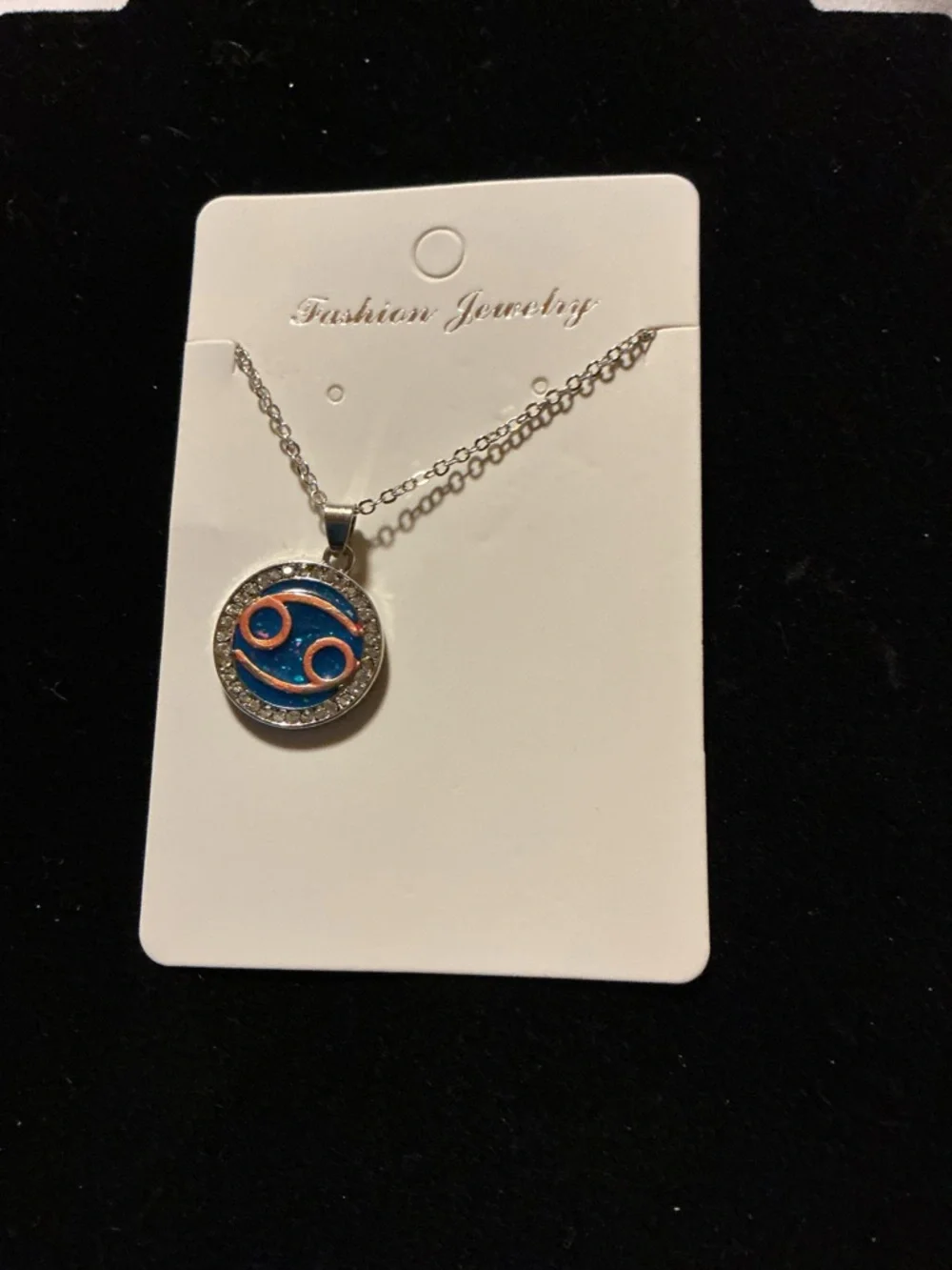 Cancer Zodiac Necklace Blue Round Pendant Rhinestone Accen - Picture 1 of 4